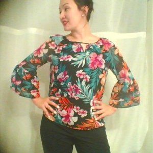 Black flow floral print cut out blouse